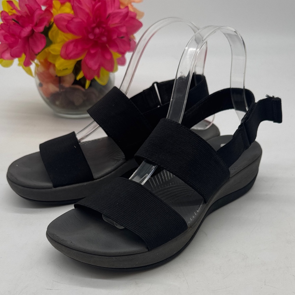 Cloudsteppers by Clarks Black Elastic Strap Wedge Sandals Size 7 BSN9569A